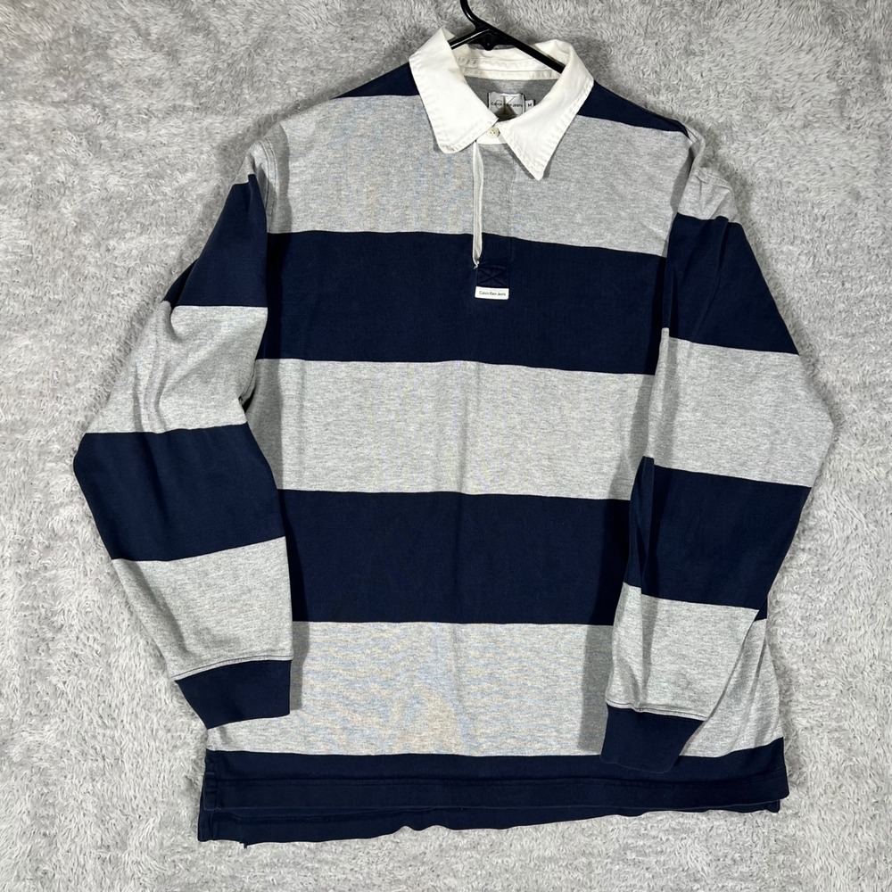 Calvin Klein Jeans Mens Rugby Shirt Medium Blue Gray Striped Long Sleeve Cotton
